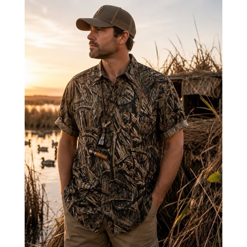 Browning Camouflage Shirt Mens XL Short Sleeve Button Up Mossy Oak Camo Hunting